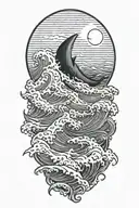 large waves crashing over clouds at night with a crescent moon and a great white shark in the waves tattoo design idea