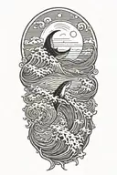 large waves crashing over clouds at night with a crescent moon and a great white shark in the waves tattoo design idea