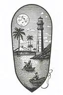 astronaut with a trident in a rowboat under a lighthouse at night with a crescent moon and palm trees tattoo design idea