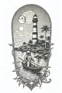 astronaut with a trident in a rowboat under a lighthouse at night with a crescent moon and palm trees tattoo design idea