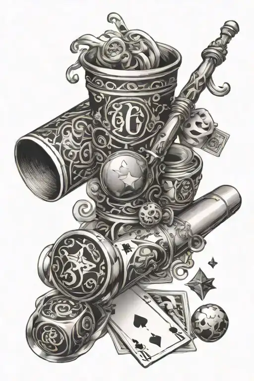 magic theme sleeve including a magic wand, cards, half dollar, cups and balls, linking rings. tattoo design idea