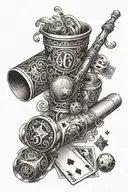 magic theme sleeve including a magic wand, cards, half dollar, cups and balls, linking rings. tattoo design idea