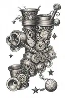 magic theme sleeve including a magic wand, cards, half dollar, cups and balls, linking rings. tattoo design idea