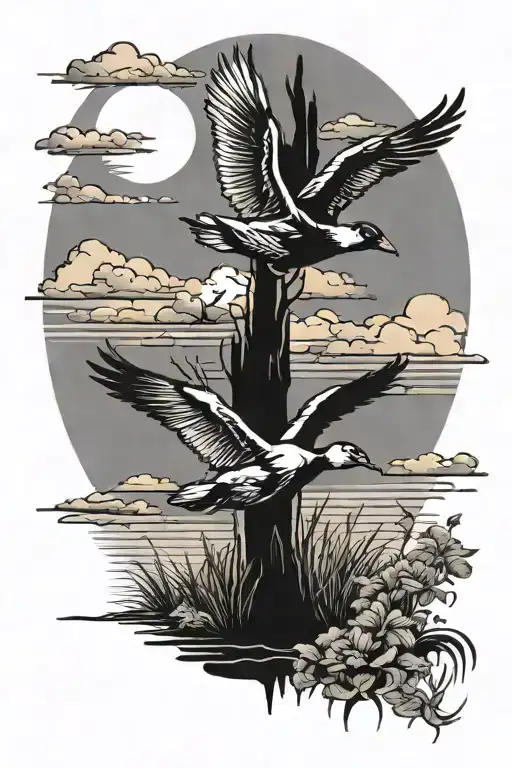 cross ducks flying sunset scene tattoo design idea