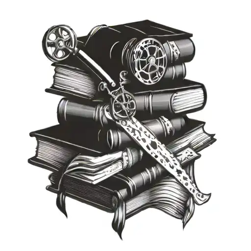 A stack of books with movie reels as bookmarks, representing your dual interests in teaching and movies tattoo design idea