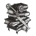 A stack of books with movie reels as bookmarks, representing your dual interests in teaching and movies tattoo design idea