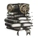 A stack of books with movie reels as bookmarks, representing your dual interests in teaching and movies tattoo design idea