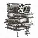 A stack of books with movie reels as bookmarks, representing your dual interests in teaching and movies tattoo design idea