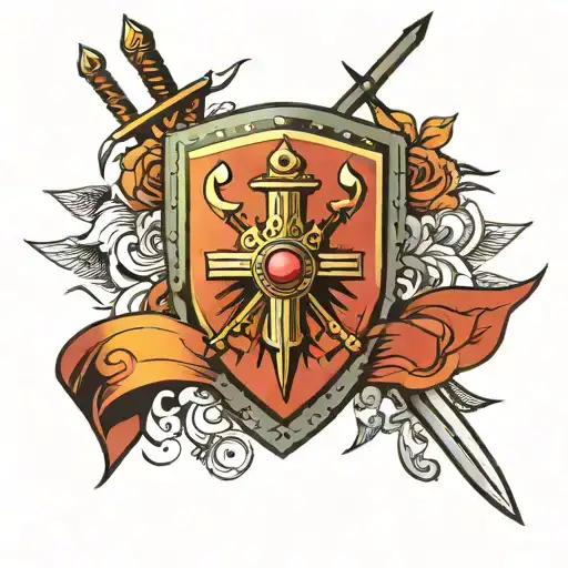 Tattoo with a sword, shield, gemstone, tiara, and rays of light tattoo design idea