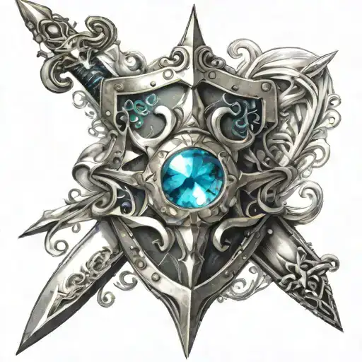 Tattoo with a sword, shield, gemstone, tiara, and rays of light tattoo design idea