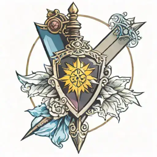 Tattoo with a sword, shield, gemstone, tiara, and rays of light tattoo design idea