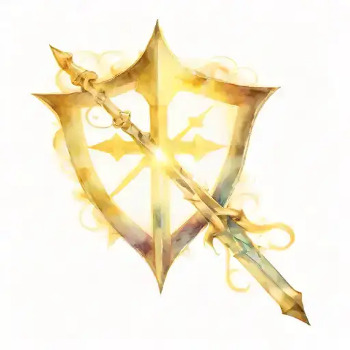 Tattoo with a sword, shield, gemstone, tiara, and rays of light tattoo design idea