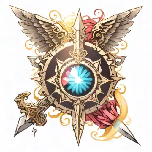 Tattoo with a sword, shield, gemstone, tiara, and rays of light tattoo design idea
