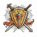 Tattoo with a sword, shield, gemstone, tiara, and rays of light tattoo design idea