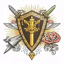 Tattoo with a sword, shield, gemstone, tiara, and rays of light tattoo design idea