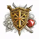 Tattoo with a sword, shield, gemstone, tiara, and rays of light tattoo design idea