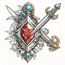 Tattoo with a sword, shield, gemstone, tiara, and rays of light tattoo design idea