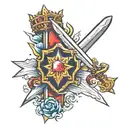 Tattoo with a sword, shield, gemstone, tiara, and rays of light tattoo design idea