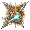 Tattoo with a sword, shield, gemstone, tiara, and rays of light tattoo design idea