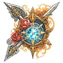 Tattoo with a sword, shield, gemstone, tiara, and rays of light tattoo design idea