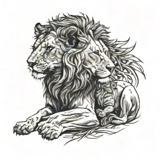 An injured lion protects a baby gazelle with her paw tattoo design idea