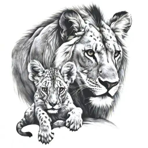 An injured lion protects a baby gazelle with her paw tattoo design idea