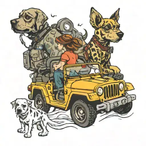 girl and dog driving away in a jeep wrangler  tattoo design idea