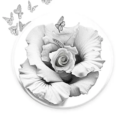 Rose hibiscus flower with little butterflies and a clock tattoo design idea