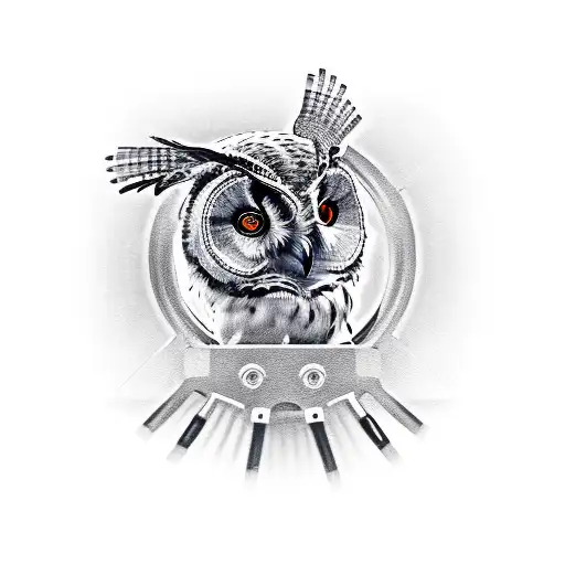 An owl playing a musical instrument with mechanical gears as its body tattoo design idea
