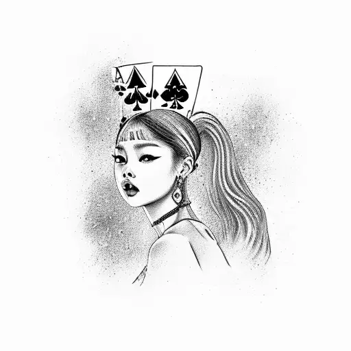 Jennie from blackpink hold Ace Jack of spades surrounded by gambling or luck related things tattoo design idea