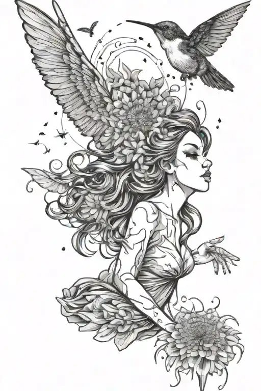 fairy girl blowing a dandelion and the dandelion seeds are flying away and create an outline of a hummingbird tattoo design idea
