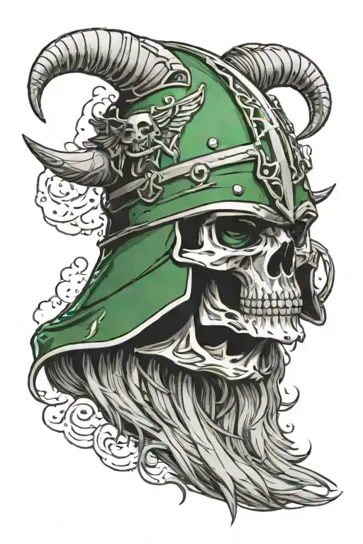 the Skull of odin with green mist coming from one eye. wearing a norse helmet tattoo design idea