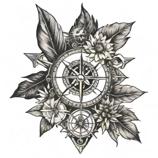 an arrow bult with a sunflower, a compass, a feather, a sextant, and palms 23 tattoo design idea
