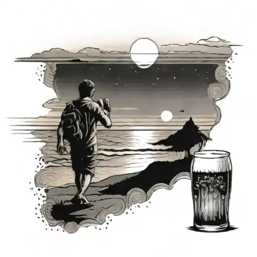 A tranquil scene of a person walking on a beach with a glass of beer in hand, as the sun sets in the background tattoo design idea