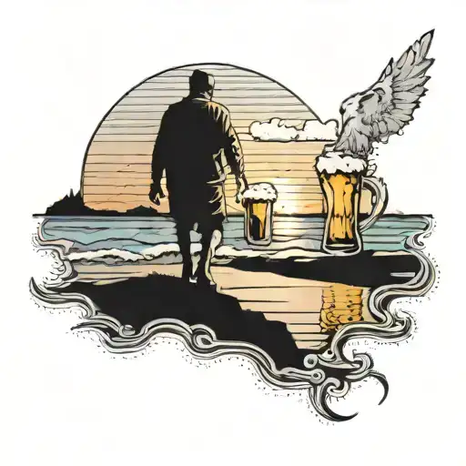 A tranquil scene of a person walking on a beach with a glass of beer in hand, as the sun sets in the background tattoo design idea