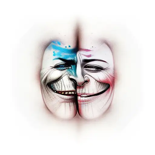 surreal tattoo of 2 faces next to each other with different emotions.  tattoo design idea
