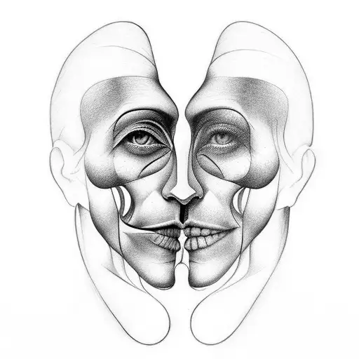 surreal tattoo of 2 faces next to each other with good and bad emotion. fineline tattoo, black and grey  tattoo design idea