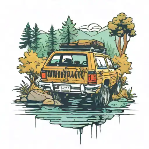 jeep cherokee infront of nature scene lake surrounded by trees tattoo design idea