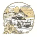 jeep cherokee infront of nature scene nebraska state outline tattoo design idea