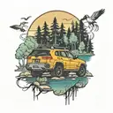 jeep cherokee infront of nature scene lake surrounded by trees tattoo design idea