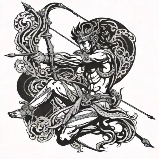 I want a tattoo of arjuna aiming with is bow and arrow, kneeling in one knee. Make it abstract and black and white.  tattoo design idea
