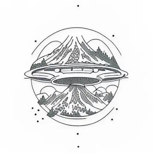 UFO flying around mountains tattoo design idea