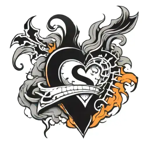 Broken cracked  heart in fire with letter S tattoo design idea