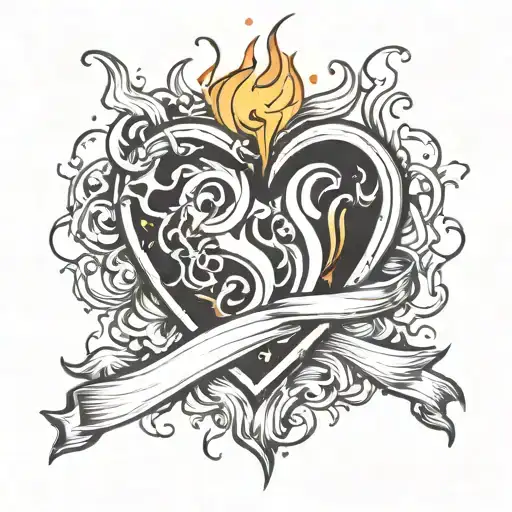Broken heart in fire with letter S tattoo design idea