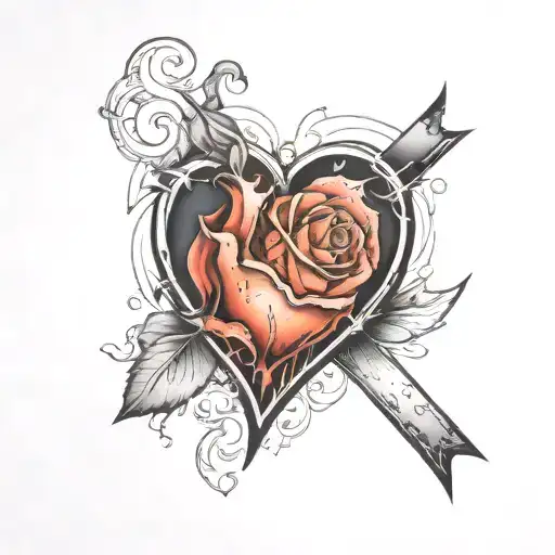 tattoo of letter S inside a broken heart and the heart is in fire with rose and flowers tattoo design idea
