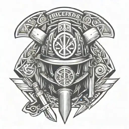 firefighter axes with firefighter helmet on top part tattoo design idea