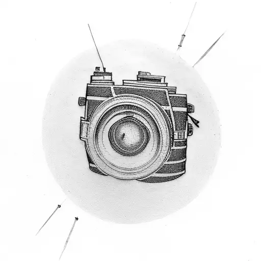 An artistic tattoo of a camera lens surrounded by film reels and popcorn tattoo design idea