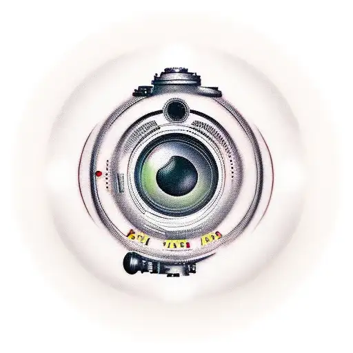 An artistic tattoo of a camera lens surrounded by film reels and popcorn tattoo design idea