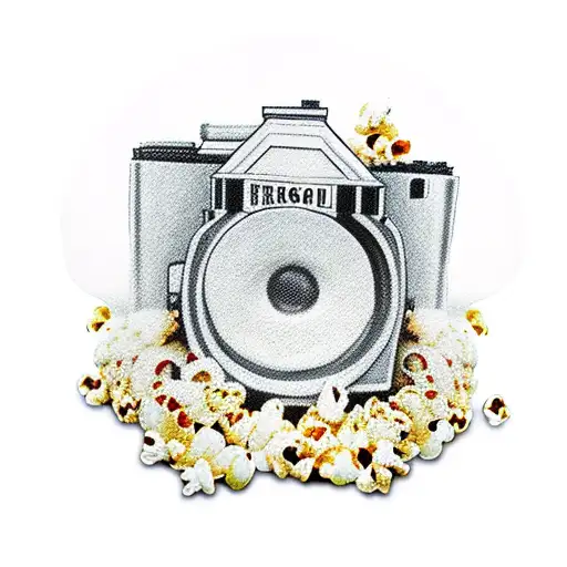 An artistic tattoo of a camera lens surrounded by film reels and popcorn tattoo design idea