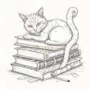 A detailed pencil sketch of a cat lounging on a stack of art books surrounded by coffee cups tattoo design idea